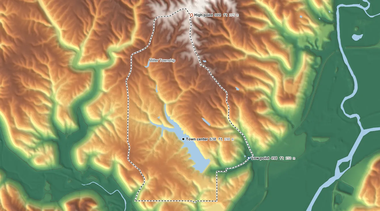 Topographic elevation map of Hidden Valley, Indiana, shaded from 490 ft on the east side to 900 ft on the north side