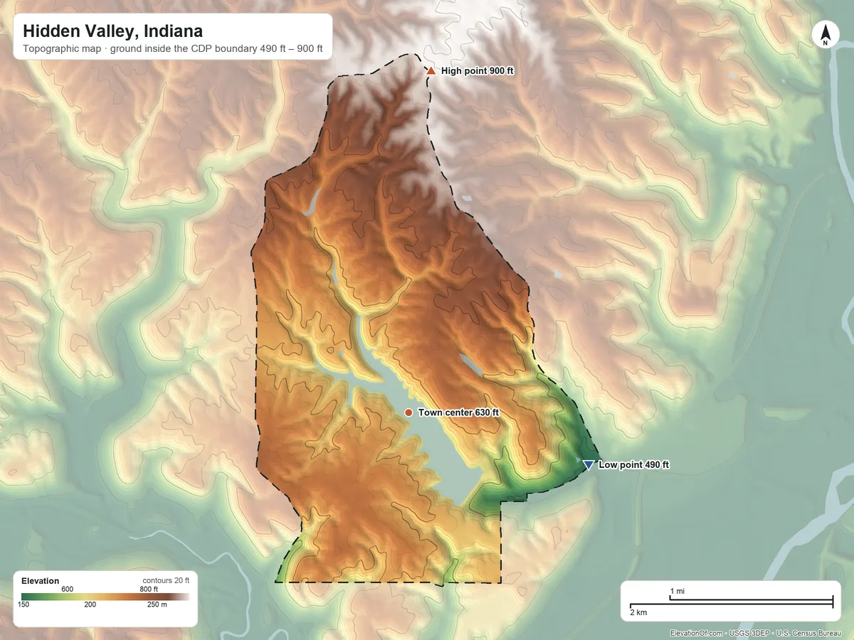 Topographic elevation map of Hidden Valley, Indiana, shaded from 490 ft on the east side to 900 ft on the north side