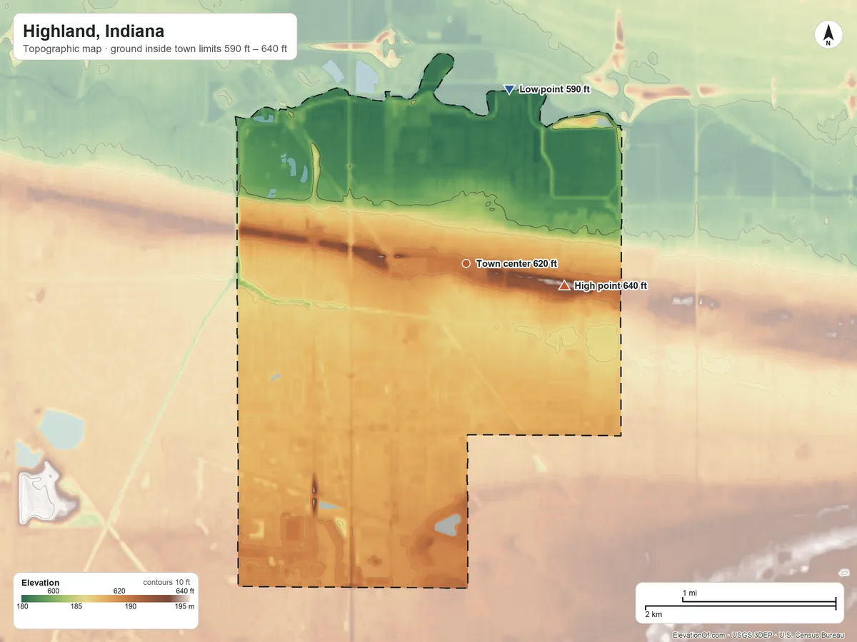 Topographic elevation map of Highland, Indiana, shaded from 590 ft on the north side to 640 ft on the east side