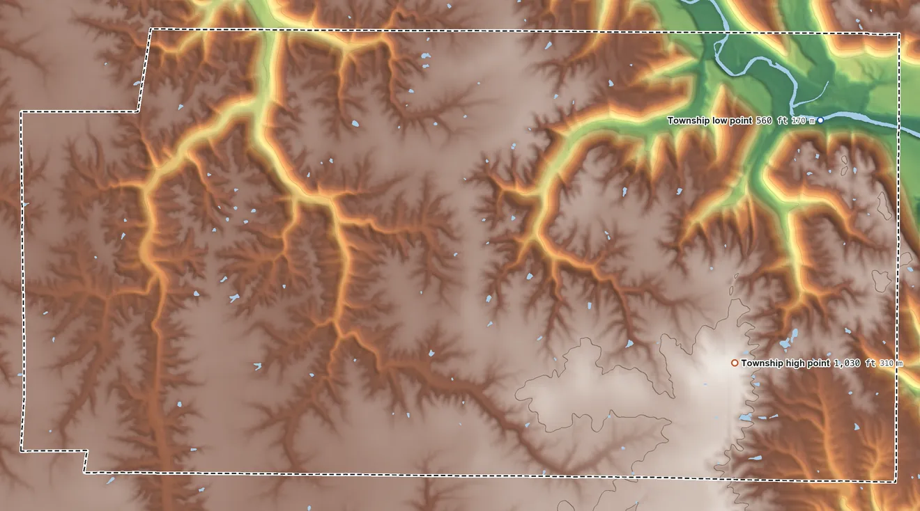 Topographic elevation map of Highland Township, Franklin County, Indiana, shaded from 560 ft on the east side to 1,030 ft on the southeast side