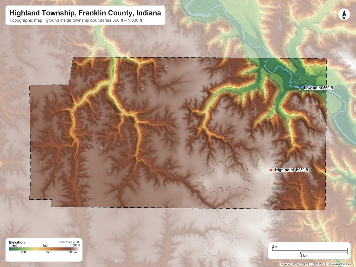 Topographic elevation map of Highland Township, Franklin County, Indiana, shaded from 560 ft on the east side to 1,030 ft on the southeast side