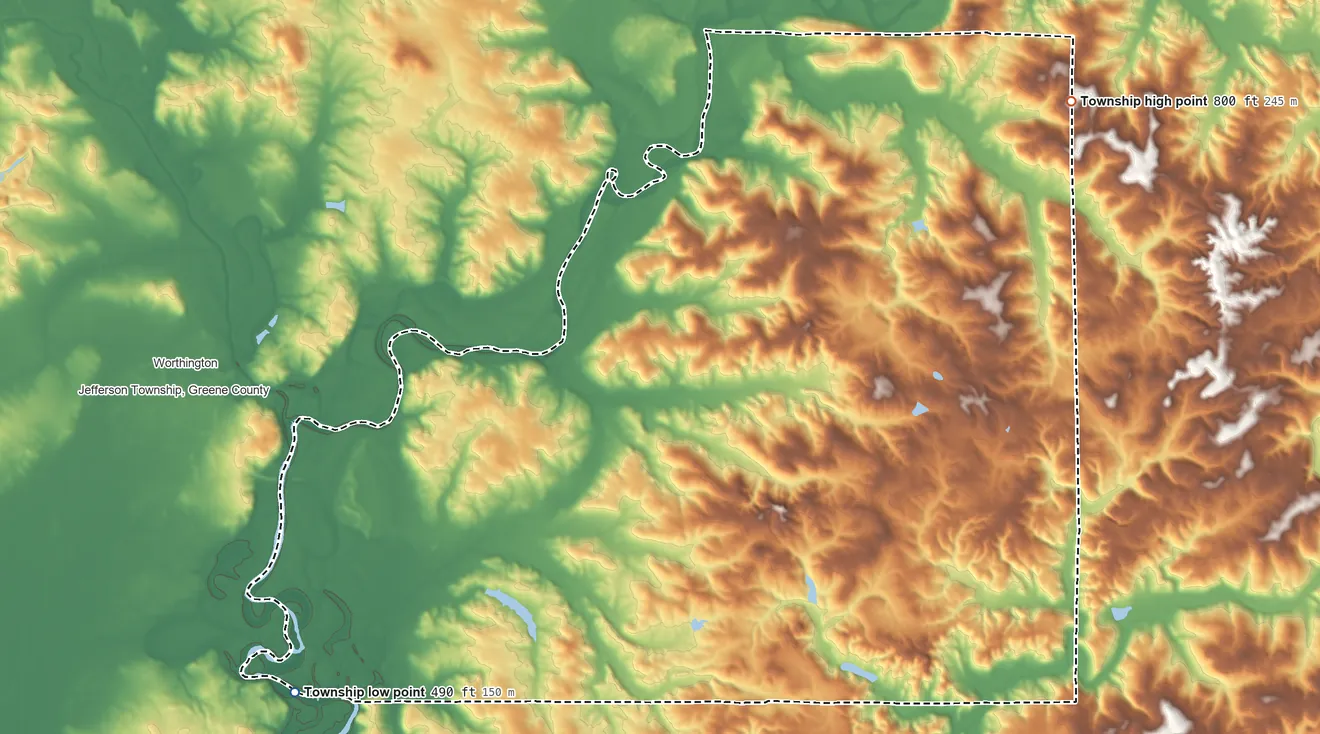 Topographic elevation map of Highland Township, Greene County, Indiana, shaded from 490 ft on the southwest side to 800 ft on the northeast side