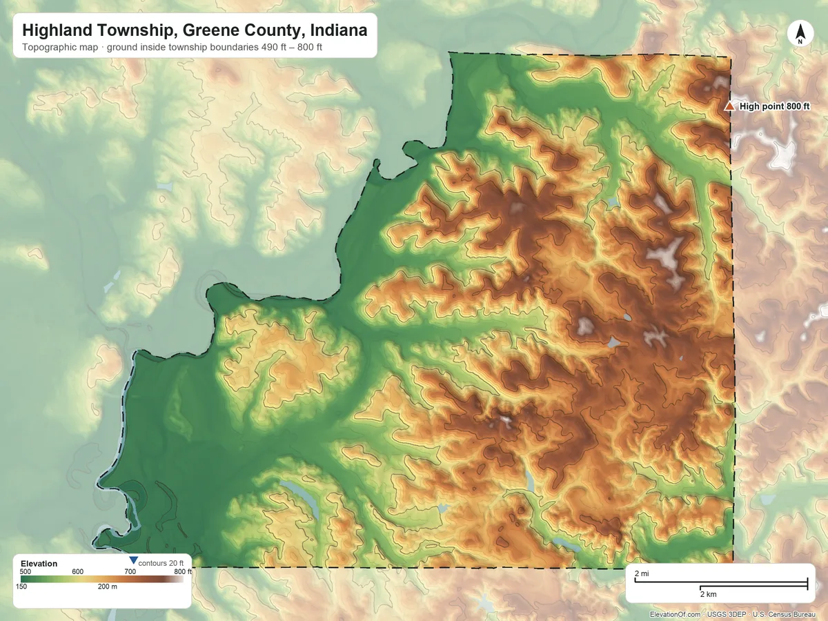 Topographic elevation map of Highland Township, Greene County, Indiana, shaded from 490 ft on the southwest side to 800 ft on the northeast side