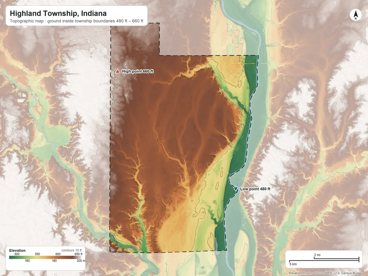 Topographic elevation map of Highland Township, Indiana, shaded from 480 ft on the southeast side to 660 ft on the northwest side
