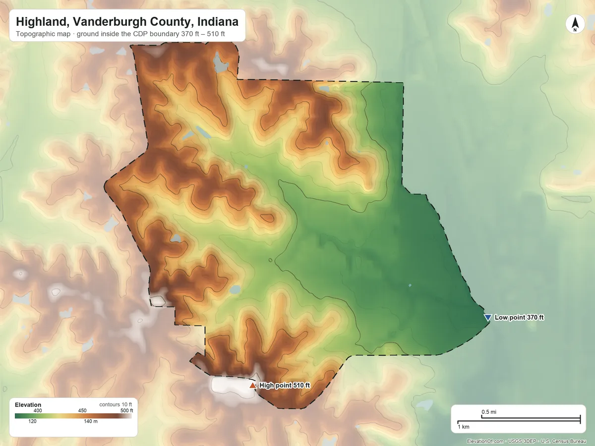 Topographic elevation map of Highland, Vanderburgh County, Indiana, shaded from 370 ft on the southeast side to 510 ft on the south side