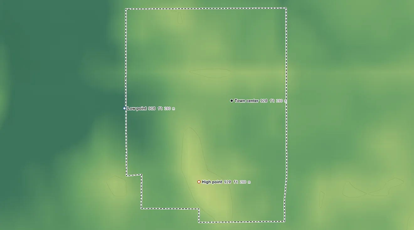 Topographic elevation map of Hillisburg, Indiana, shaded from 910 ft on the west side to 920 ft on the south side