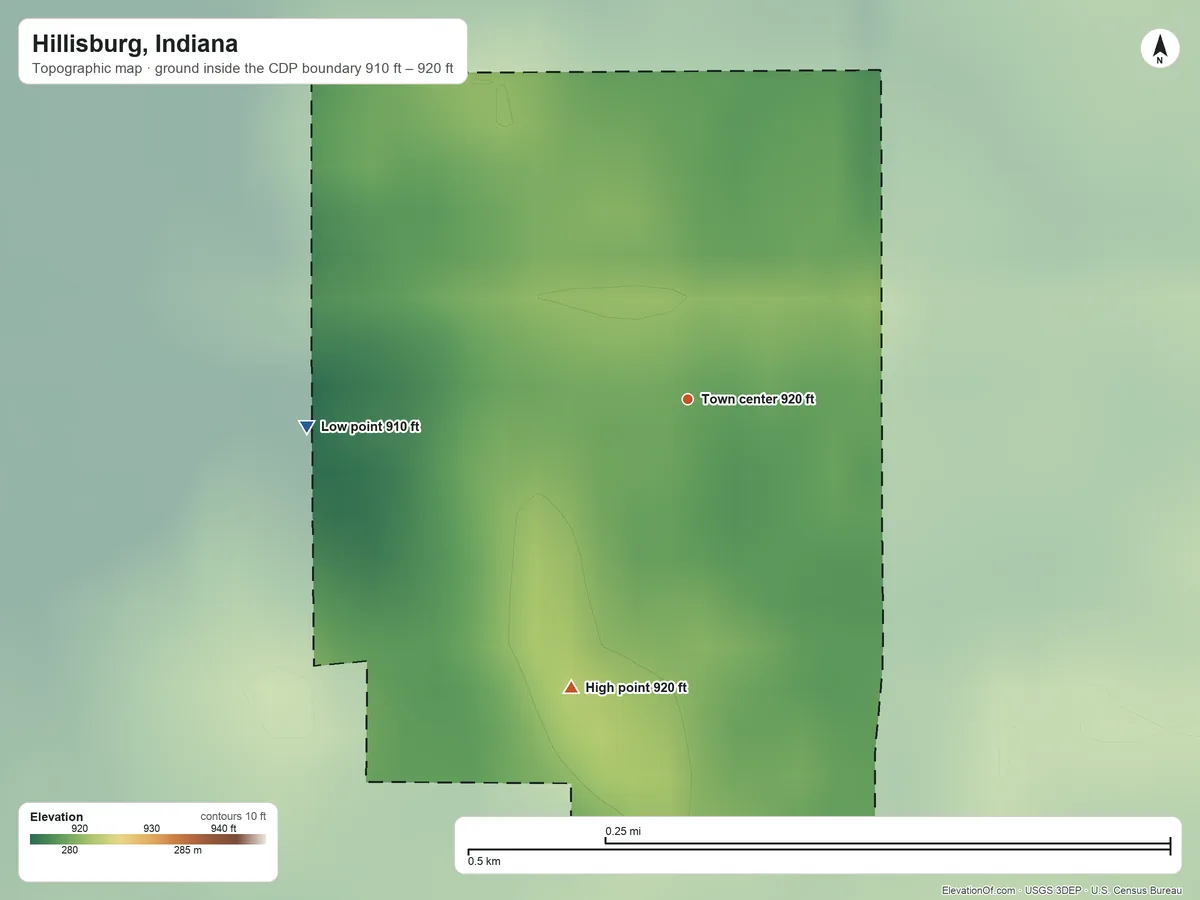 Topographic elevation map of Hillisburg, Indiana, shaded from 910 ft on the west side to 920 ft on the south side