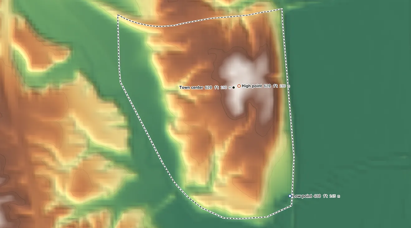 Topographic elevation map of Hillsdale, Indiana, shaded from 480 ft on the southeast side to 620 ft near the middle