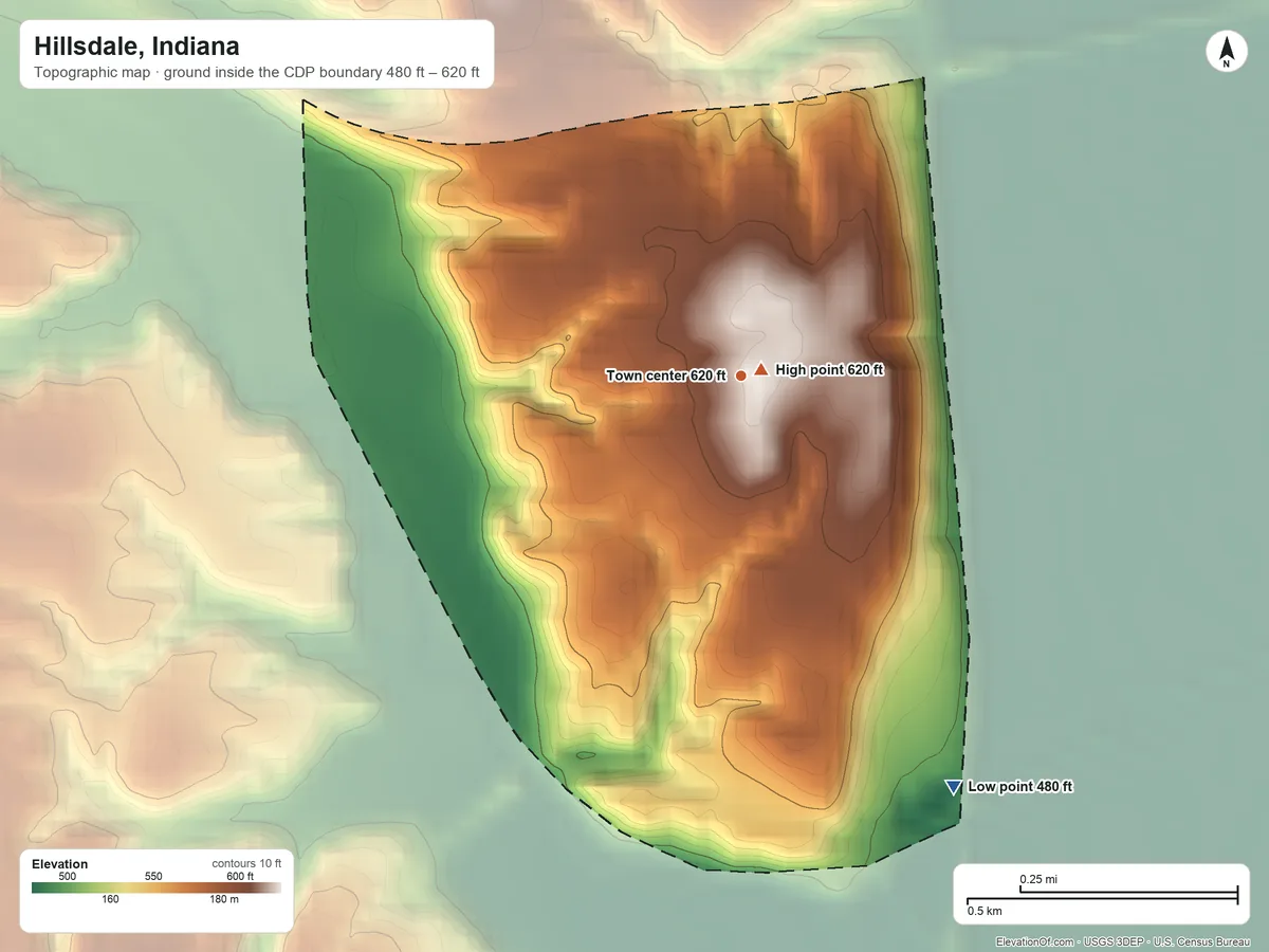 Topographic elevation map of Hillsdale, Indiana, shaded from 480 ft on the southeast side to 620 ft near the middle