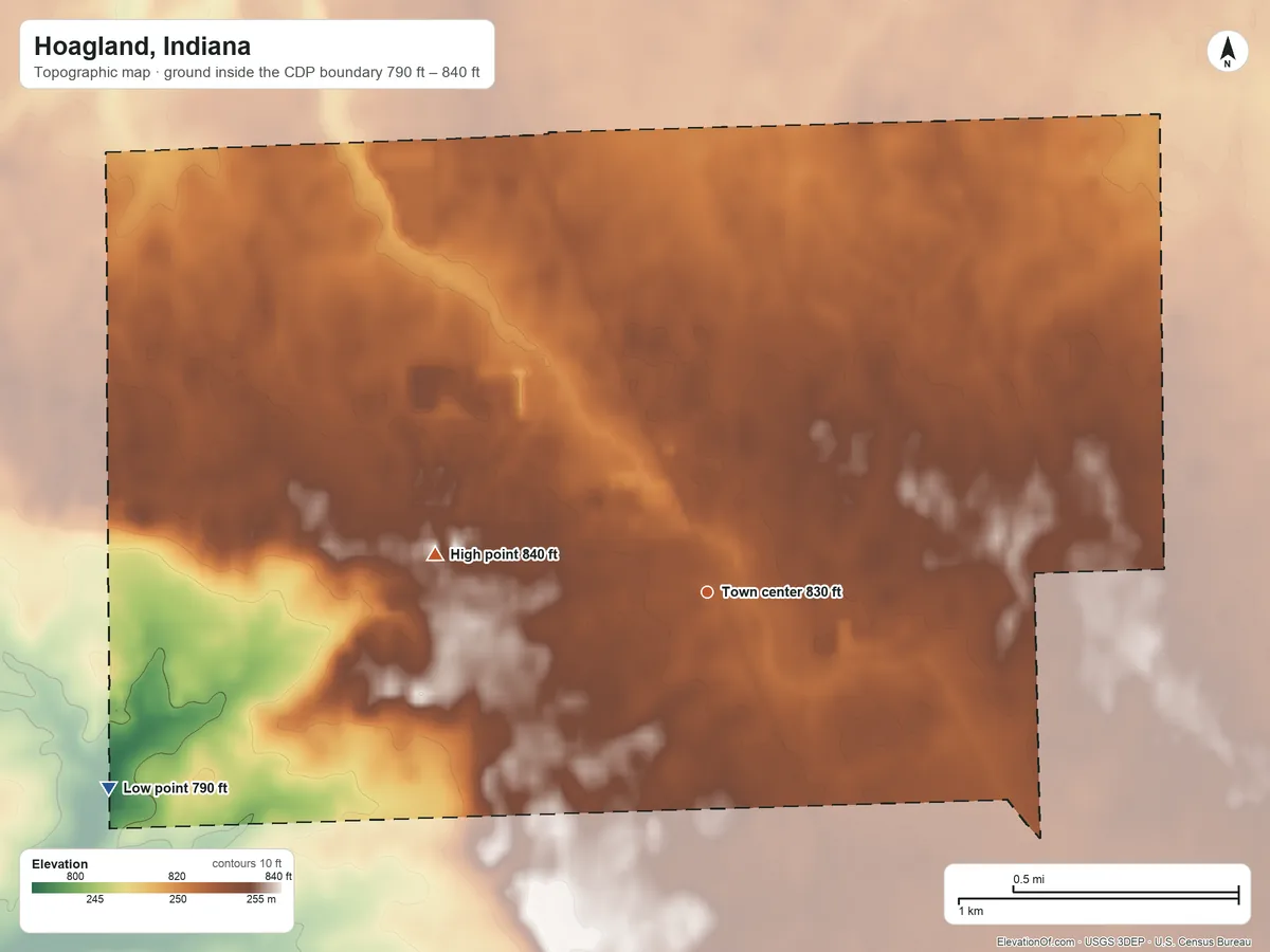 Topographic elevation map of Hoagland, Indiana, shaded from 790 ft on the west side to 840 ft on the west side