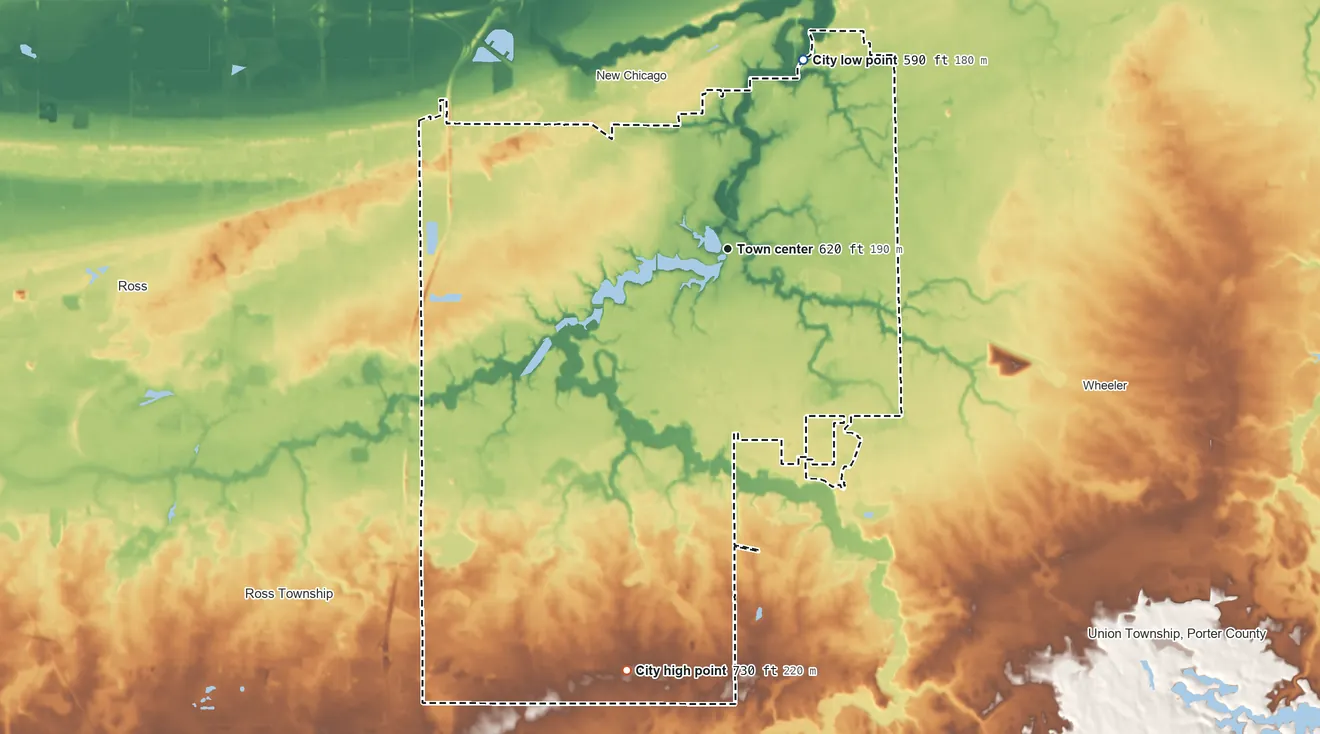 Topographic elevation map of Hobart, Indiana, shaded from 590 ft on the north side to 730 ft on the south side