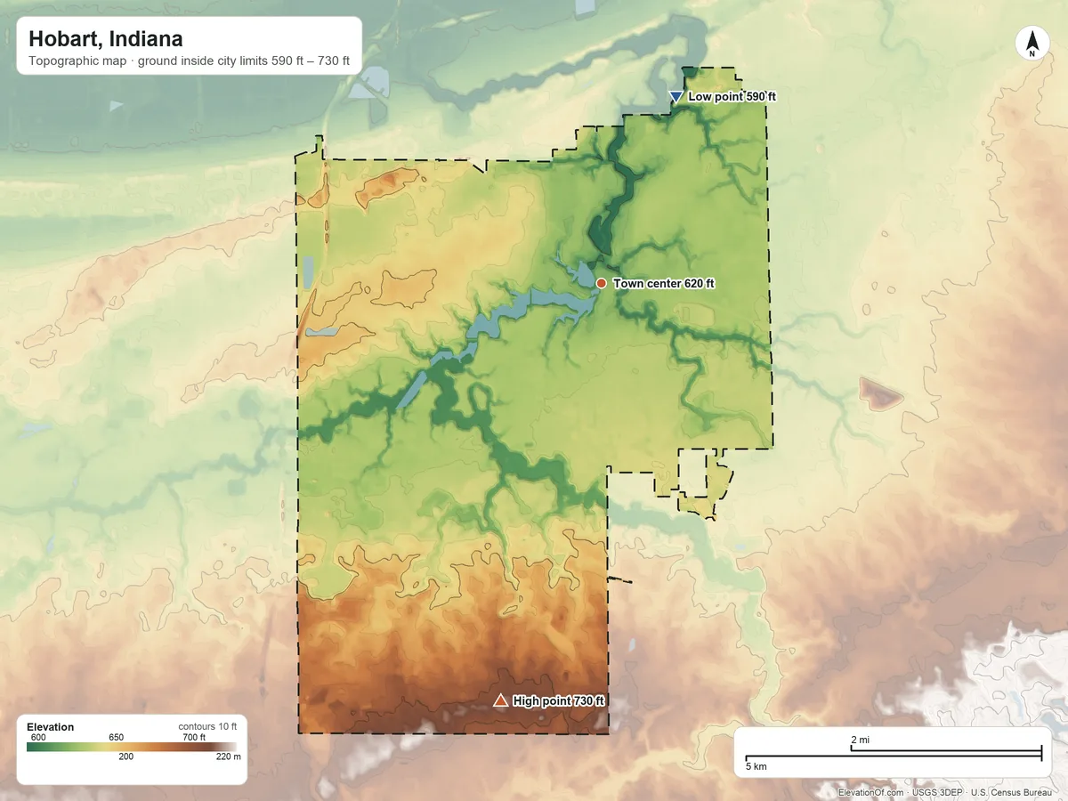Topographic elevation map of Hobart, Indiana, shaded from 590 ft on the north side to 730 ft on the south side