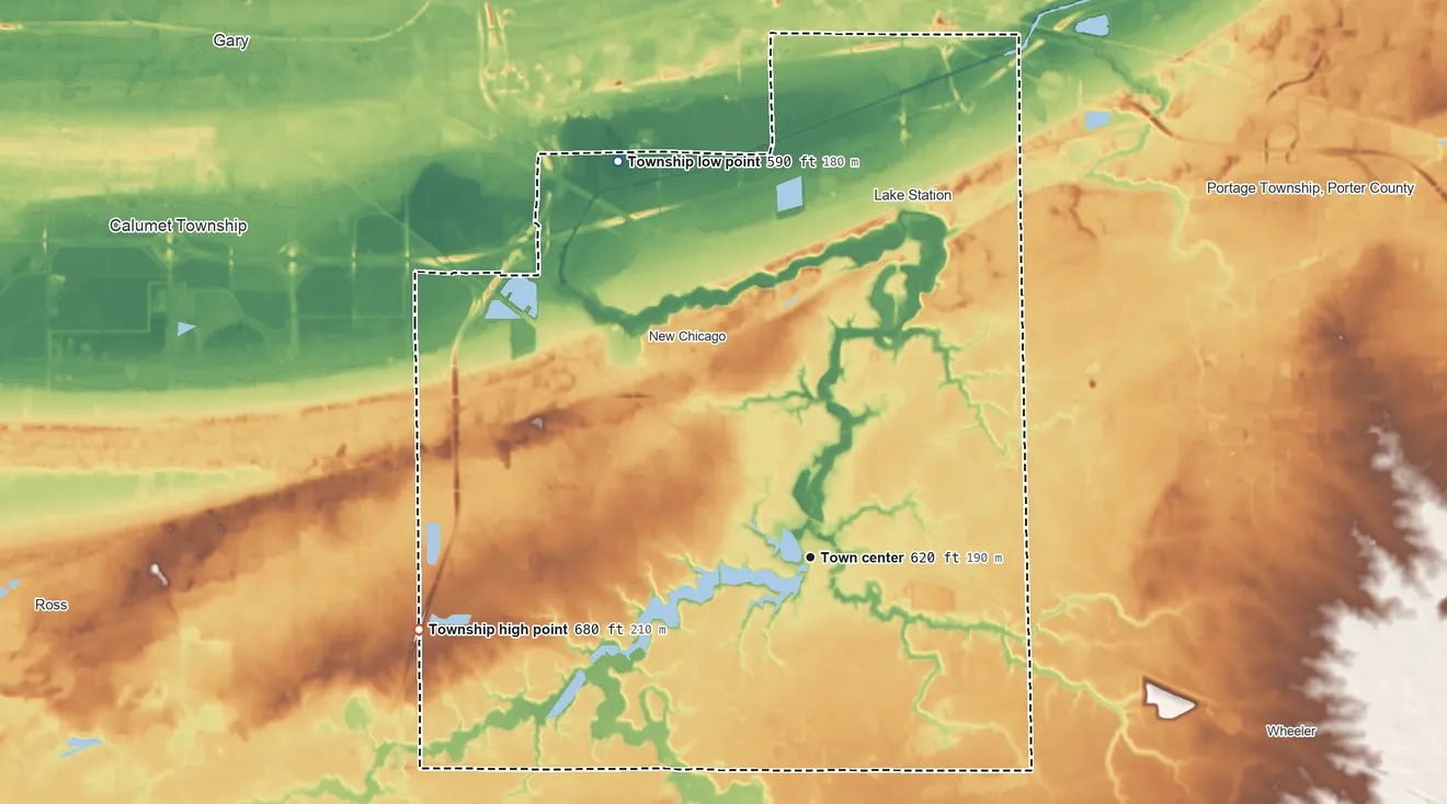 Topographic elevation map of Hobart Township, Indiana, shaded from 590 ft on the northwest side to 680 ft on the west side