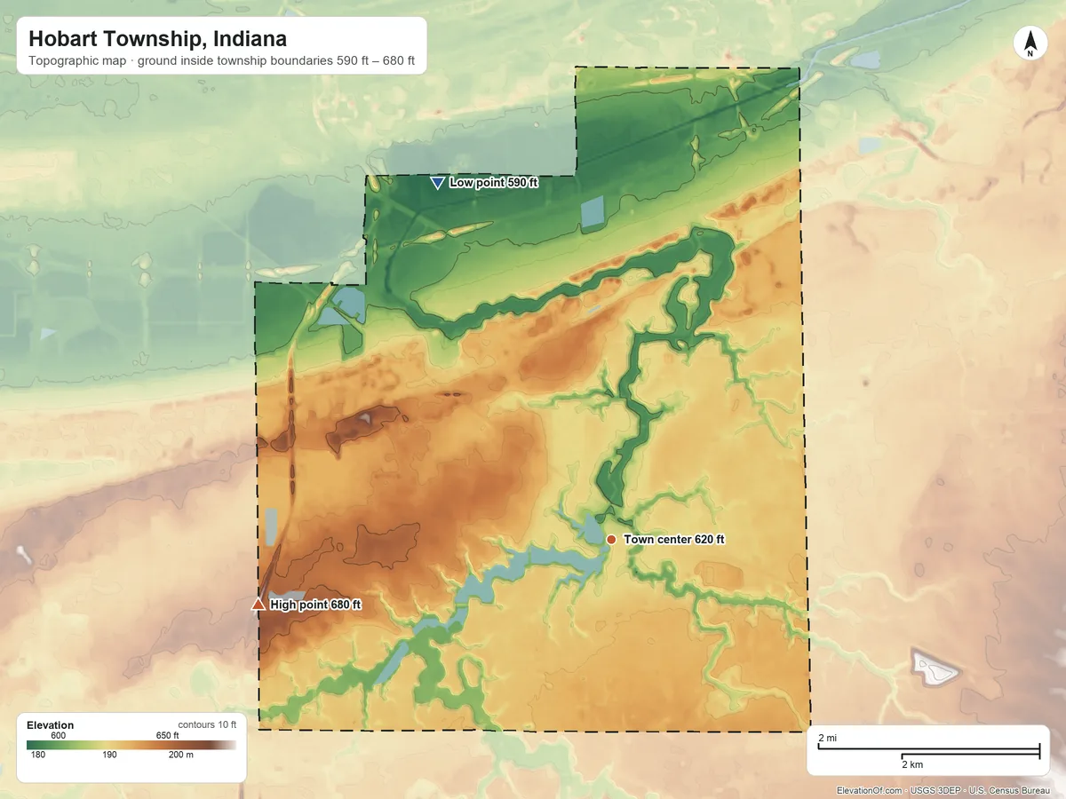 Topographic elevation map of Hobart Township, Indiana, shaded from 590 ft on the northwest side to 680 ft on the west side