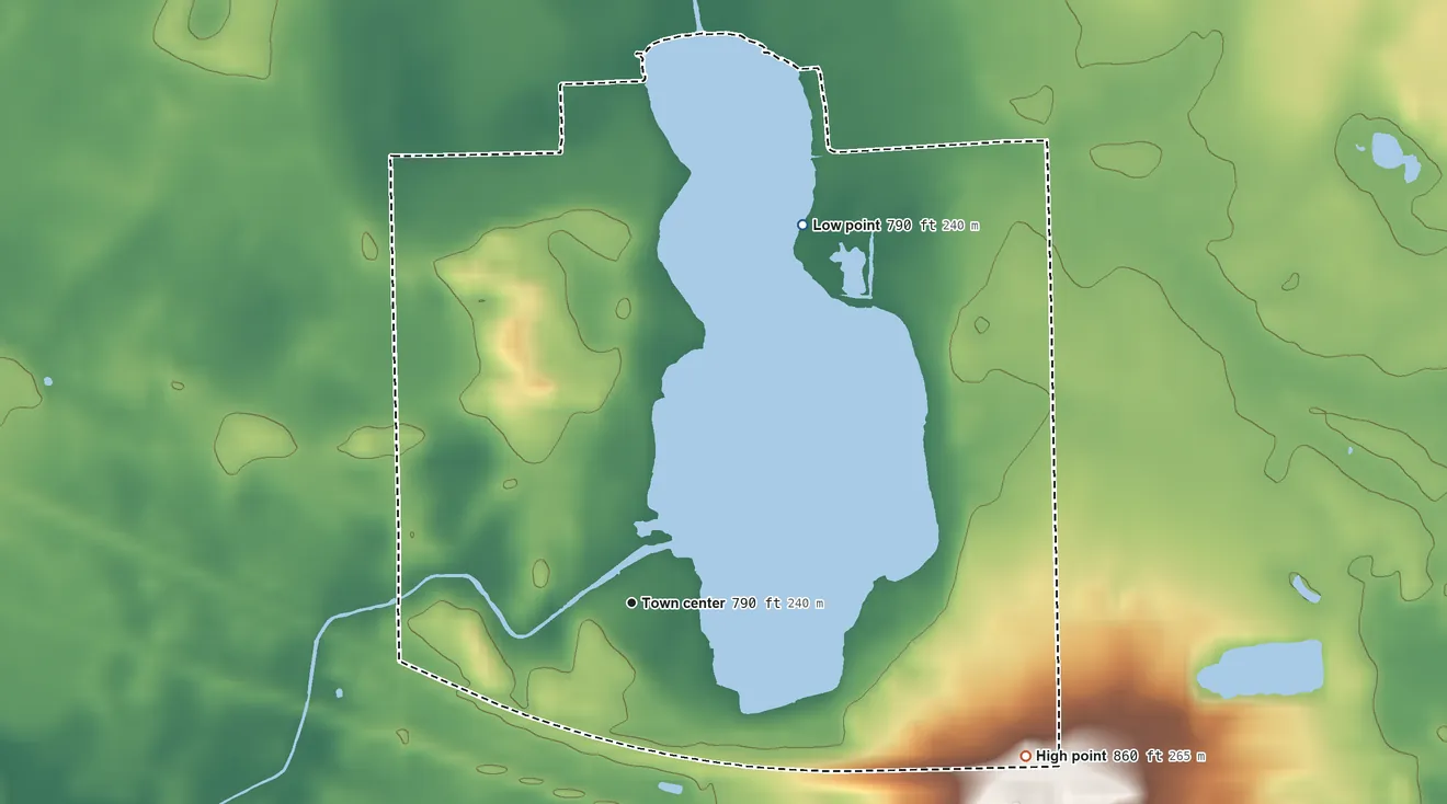 Topographic elevation map of Hoffman Lake, Indiana, shaded from 790 ft on the northeast side to 860 ft on the east side