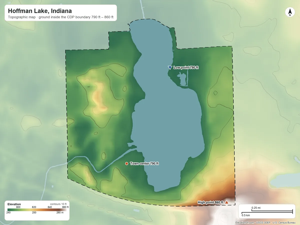 Topographic elevation map of Hoffman Lake, Indiana, shaded from 790 ft on the northeast side to 860 ft on the east side
