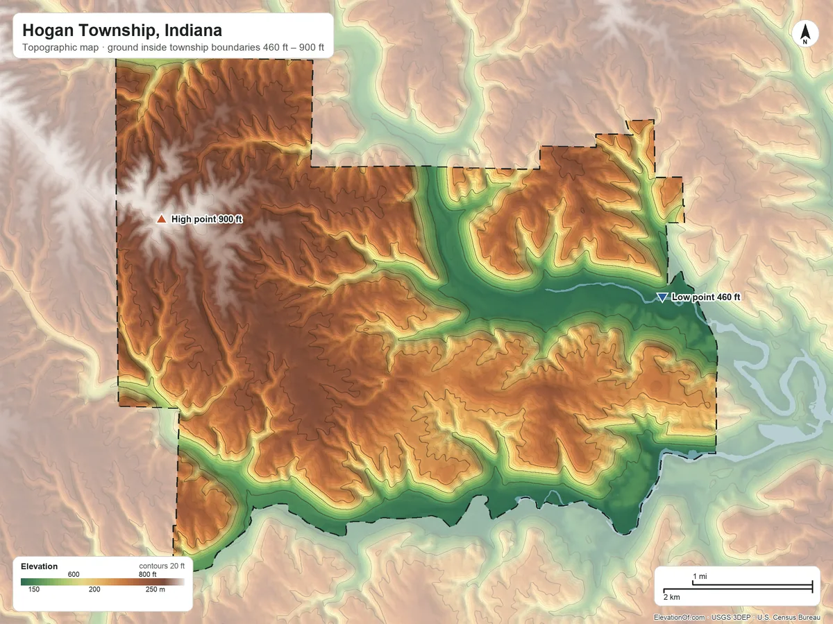 Topographic elevation map of Hogan Township, Indiana, shaded from 460 ft on the east side to 900 ft on the west side