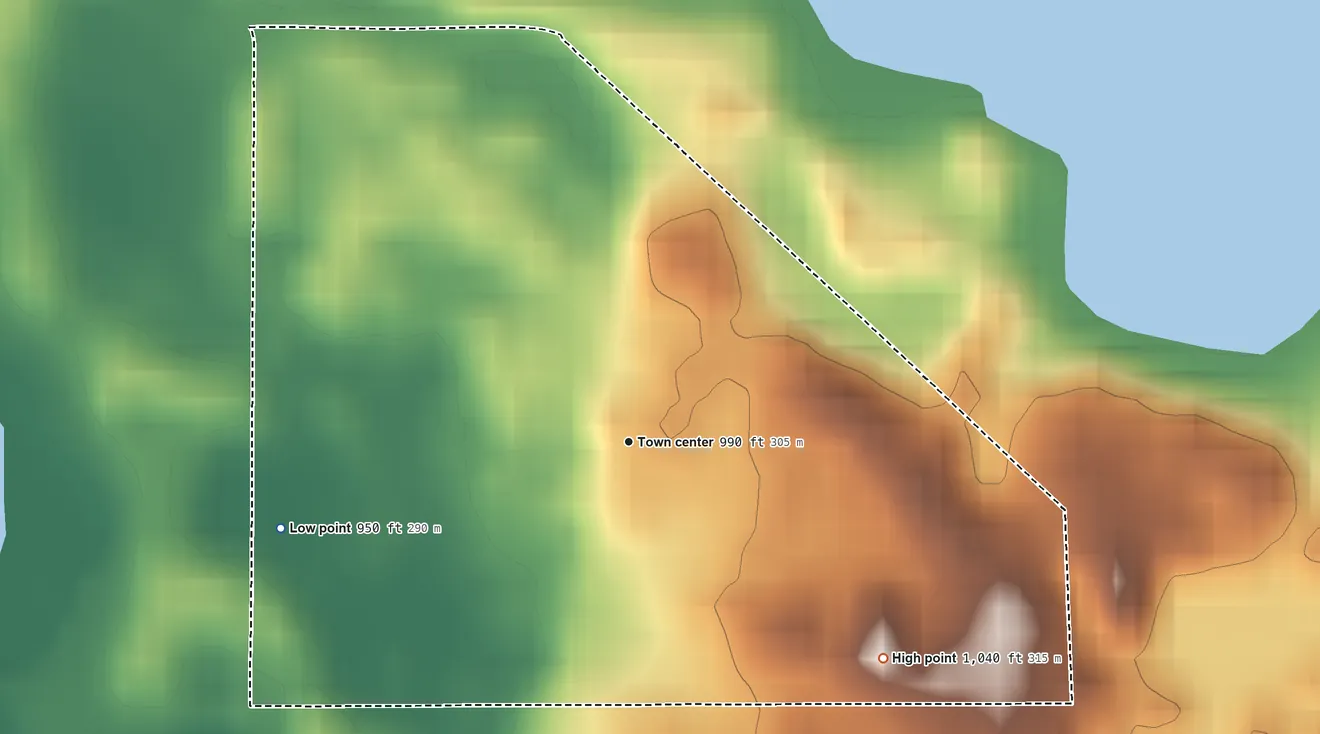 Topographic elevation map of Holiday Woods, Indiana, shaded from 950 ft on the west side to 1,040 ft on the southeast side