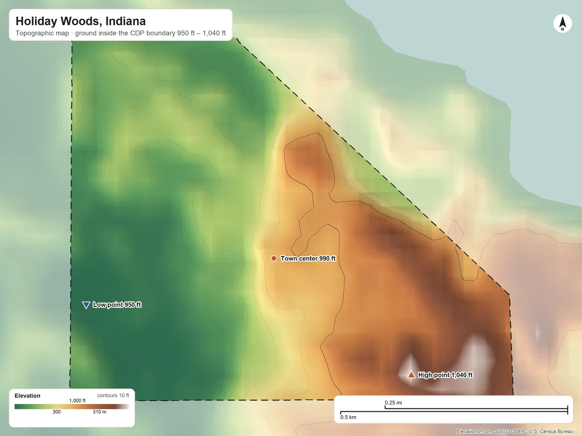 Topographic elevation map of Holiday Woods, Indiana, shaded from 950 ft on the west side to 1,040 ft on the southeast side