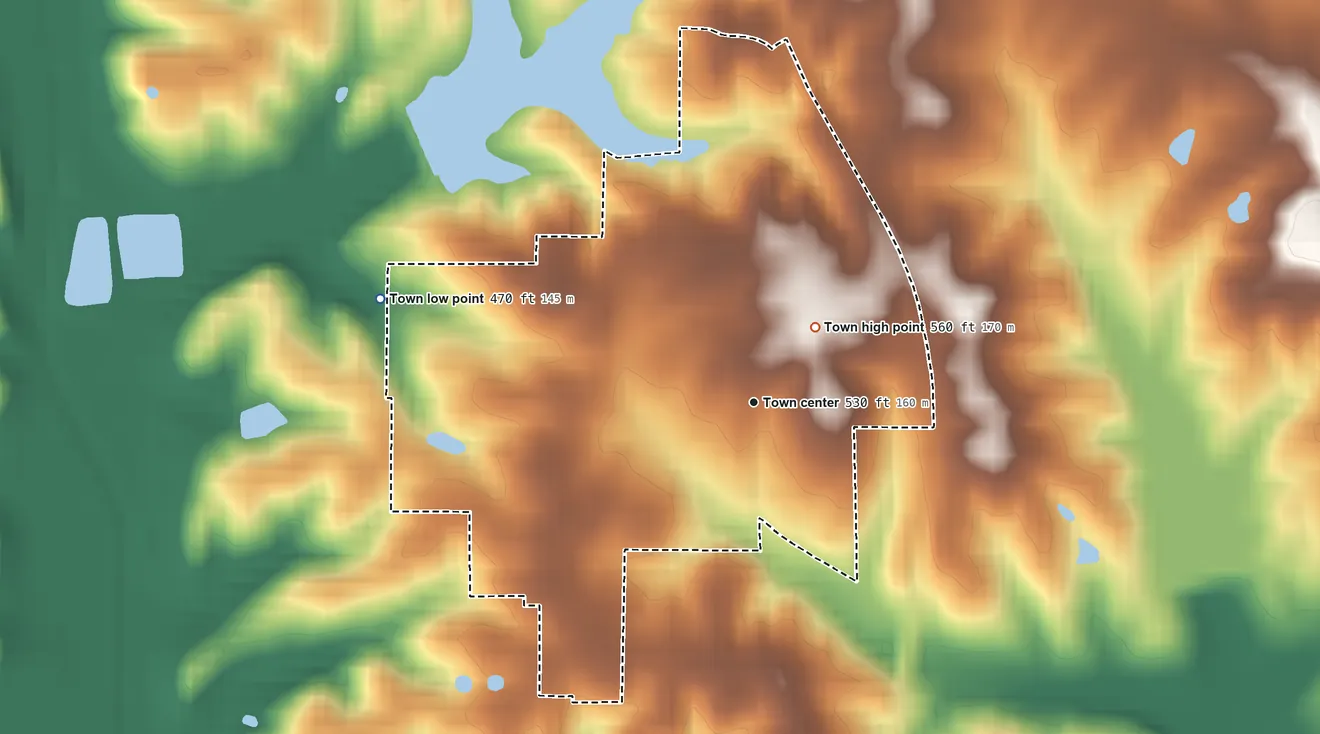 Topographic elevation map of Holland, Indiana, shaded from 470 ft on the west side to 560 ft on the northeast side