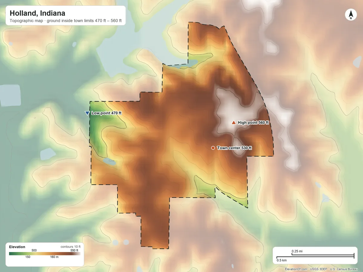 Topographic elevation map of Holland, Indiana, shaded from 470 ft on the west side to 560 ft on the northeast side