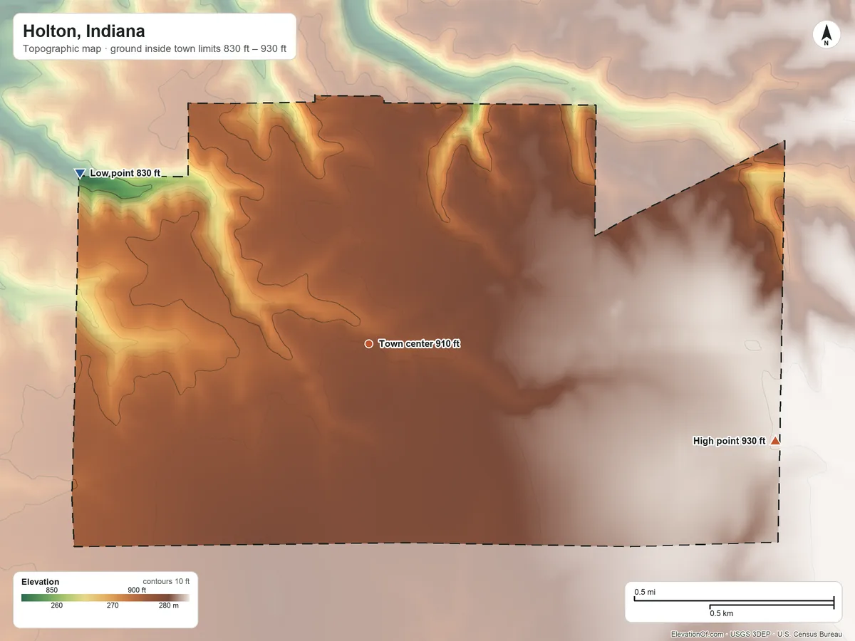 Topographic elevation map of Holton, Indiana, shaded from 830 ft on the northwest side to 930 ft on the east side