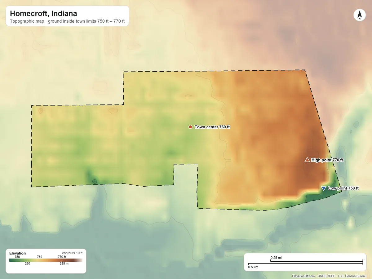 Topographic elevation map of Homecroft, Indiana, shaded from 750 ft on the southeast side to 770 ft on the east side