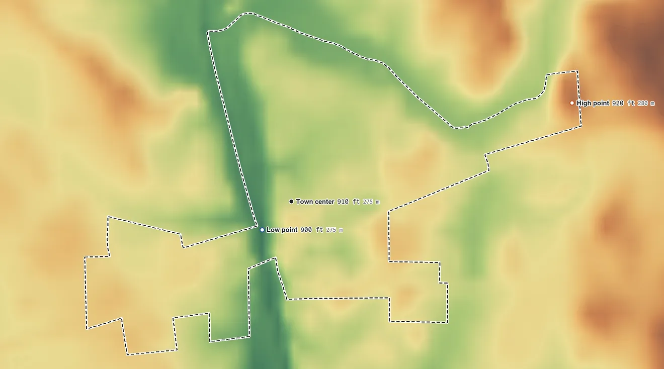 Topographic elevation map of Homer, Indiana, shaded from 900 ft near the middle to 920 ft on the east side