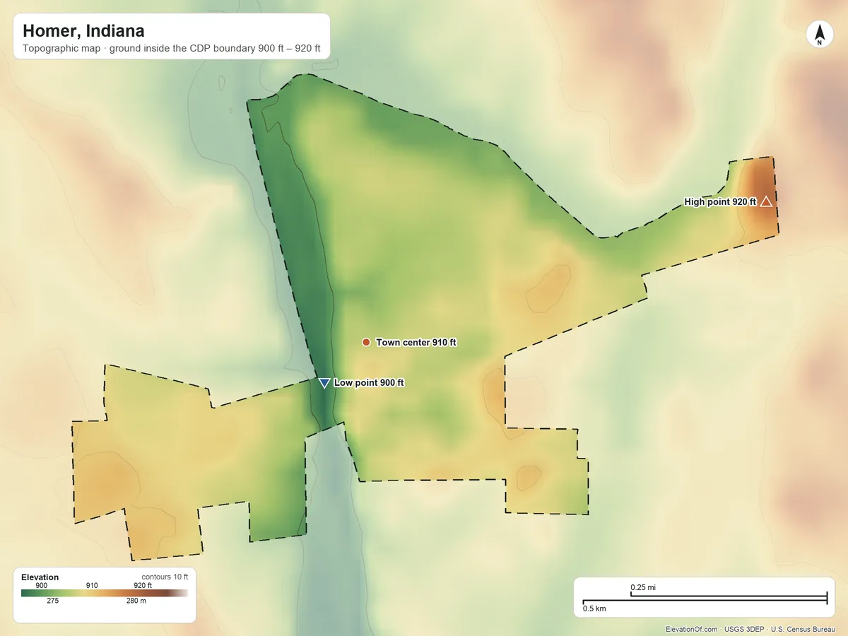 Topographic elevation map of Homer, Indiana, shaded from 900 ft near the middle to 920 ft on the east side