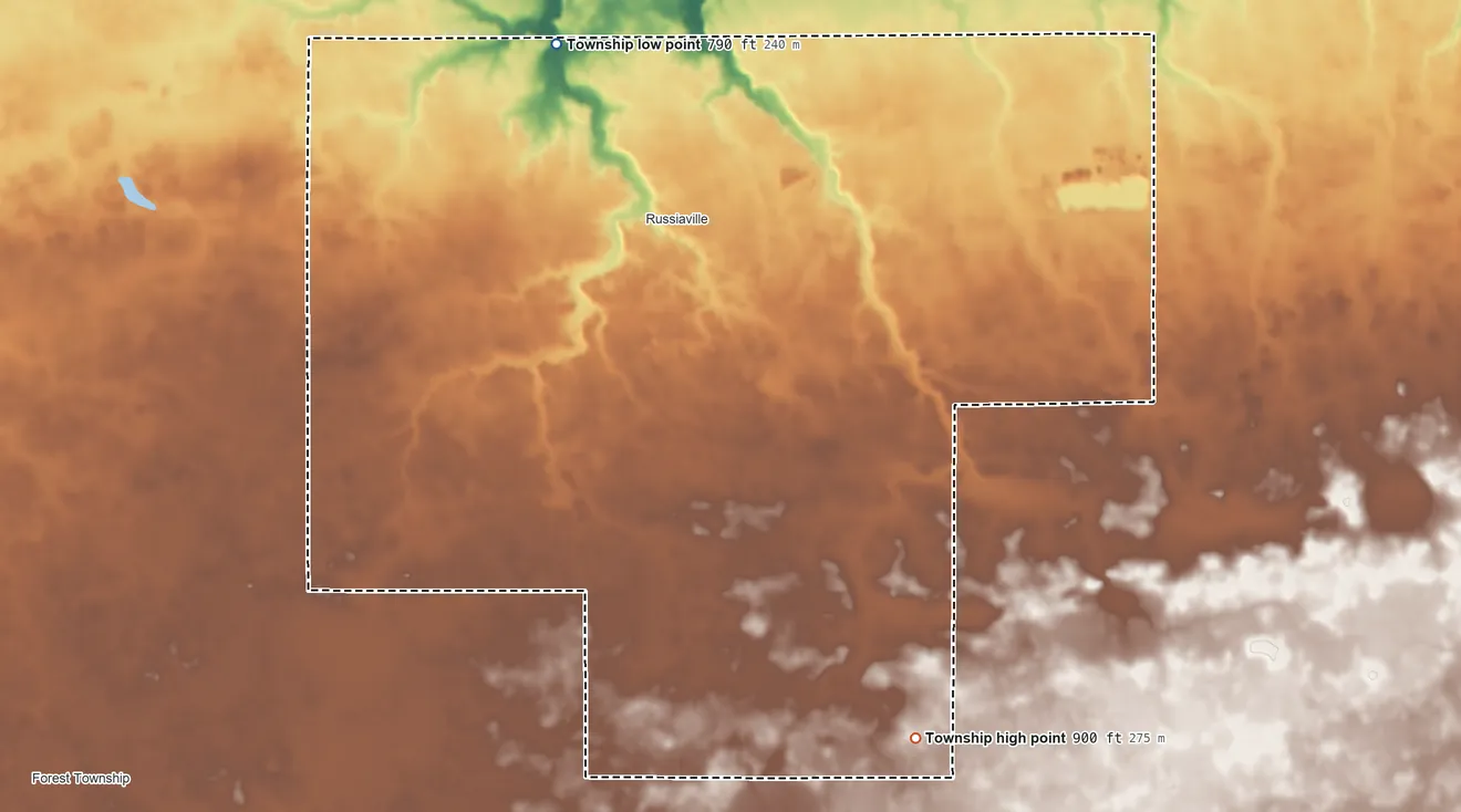 Topographic elevation map of Honey Creek Township, Howard County, Indiana, shaded from 790 ft on the northwest side to 900 ft on the south side