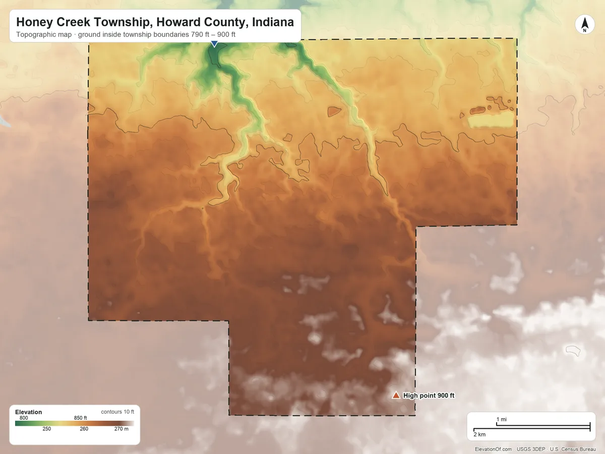 Topographic elevation map of Honey Creek Township, Howard County, Indiana, shaded from 790 ft on the northwest side to 900 ft on the south side