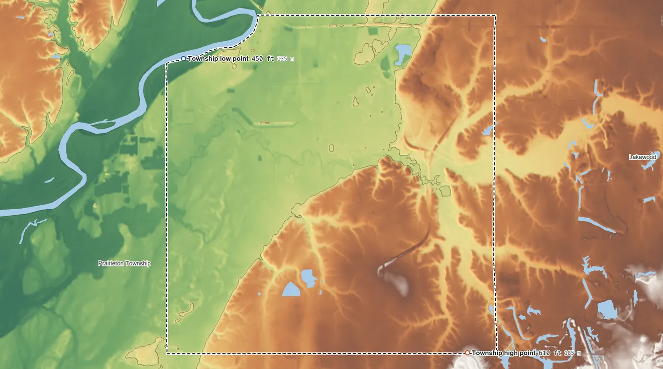 Topographic elevation map of Honey Creek Township, Indiana, shaded from 450 ft on the northwest side to 610 ft on the southeast side