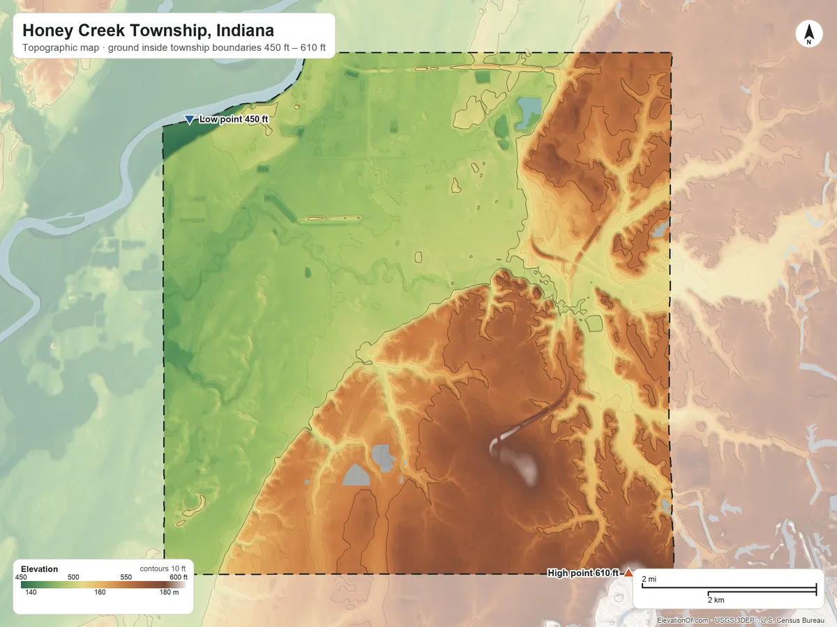 Topographic elevation map of Honey Creek Township, Indiana, shaded from 450 ft on the northwest side to 610 ft on the southeast side