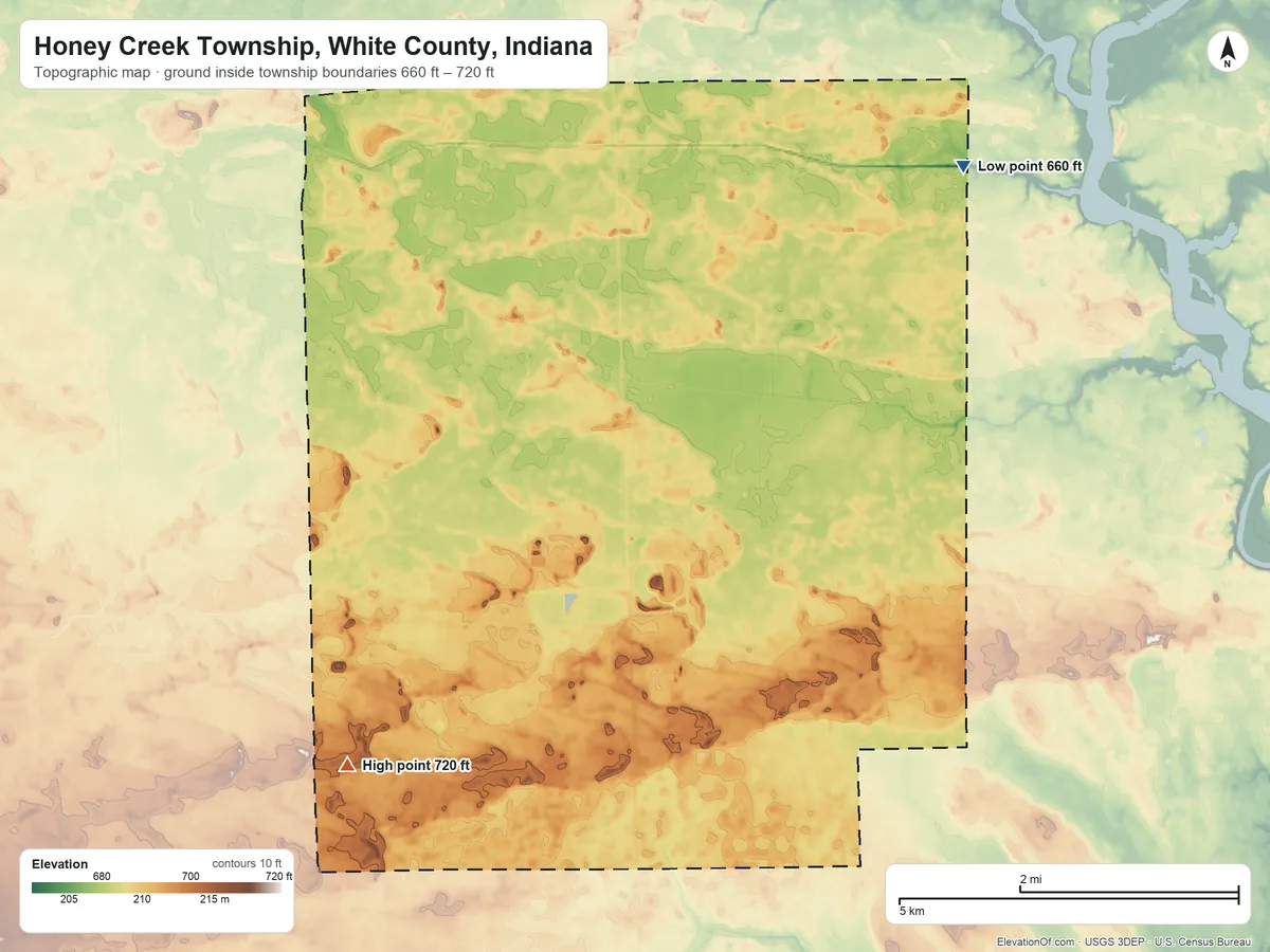 Topographic elevation map of Honey Creek Township, White County, Indiana, shaded from 660 ft on the northeast side to 720 ft on the southwest side