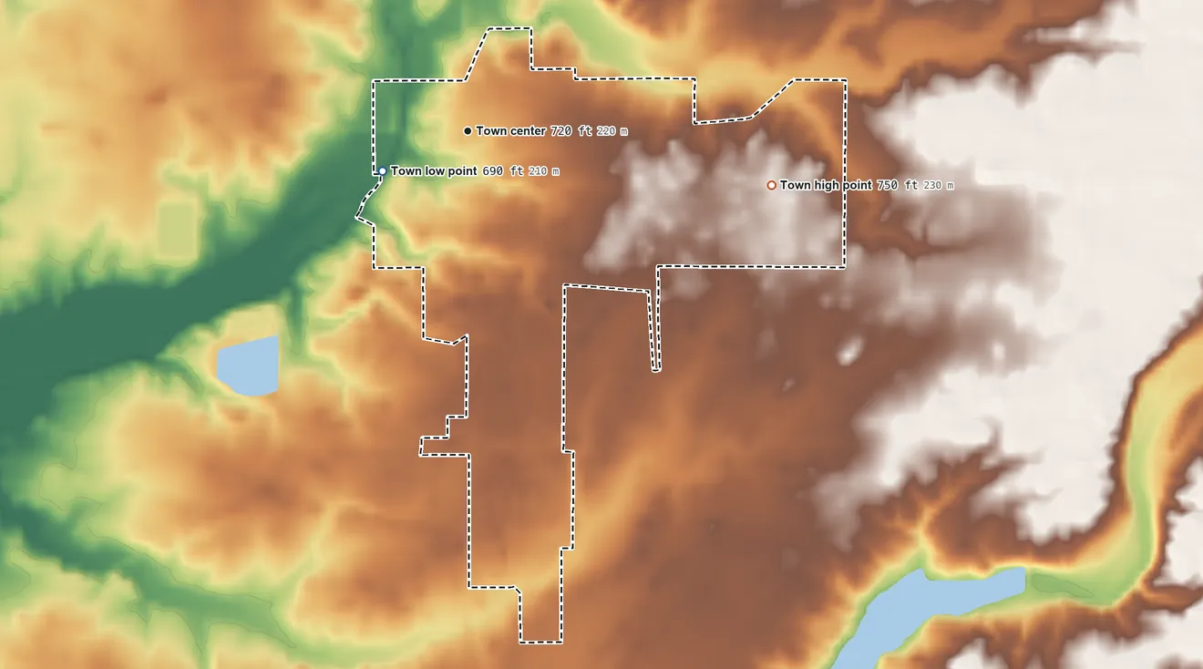 Topographic elevation map of Hope, Indiana, shaded from 690 ft on the southwest side to 750 ft on the east side