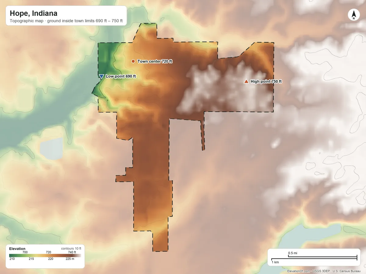 Topographic elevation map of Hope, Indiana, shaded from 690 ft on the southwest side to 750 ft on the east side