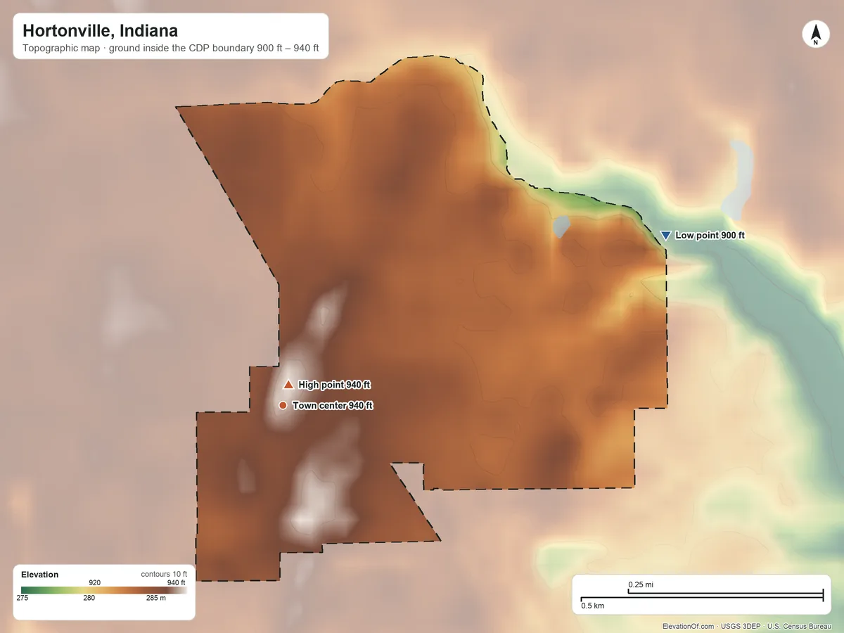 Topographic elevation map of Hortonville, Indiana, shaded from 900 ft on the northeast side to 940 ft near the middle