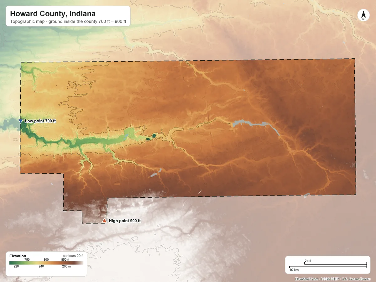 Topographic elevation map of Howard County, Indiana, shaded from 700 ft on the west side to 900 ft on the southwest side
