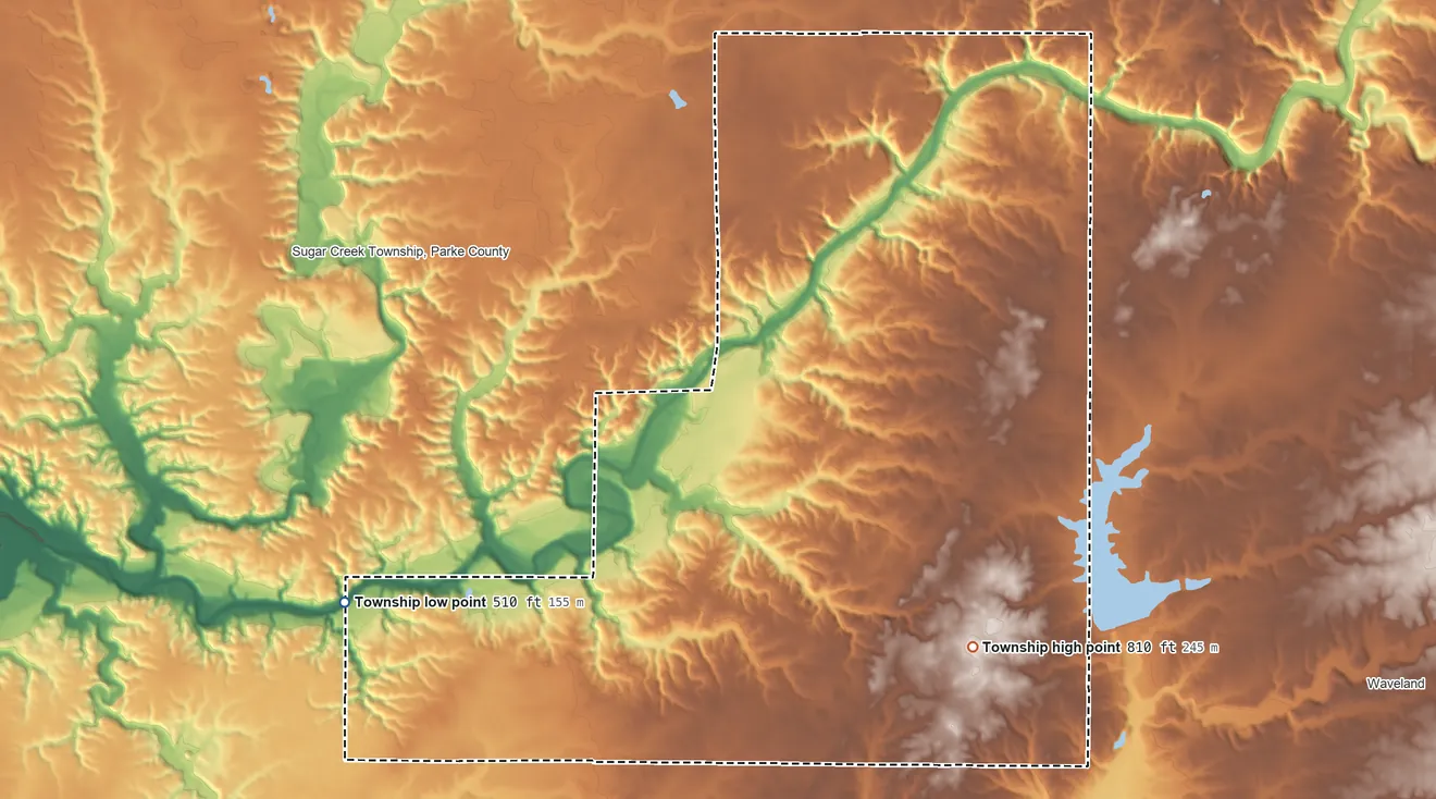 Topographic elevation map of Howard Township, Parke County, Indiana, shaded from 510 ft on the west side to 810 ft on the southeast side