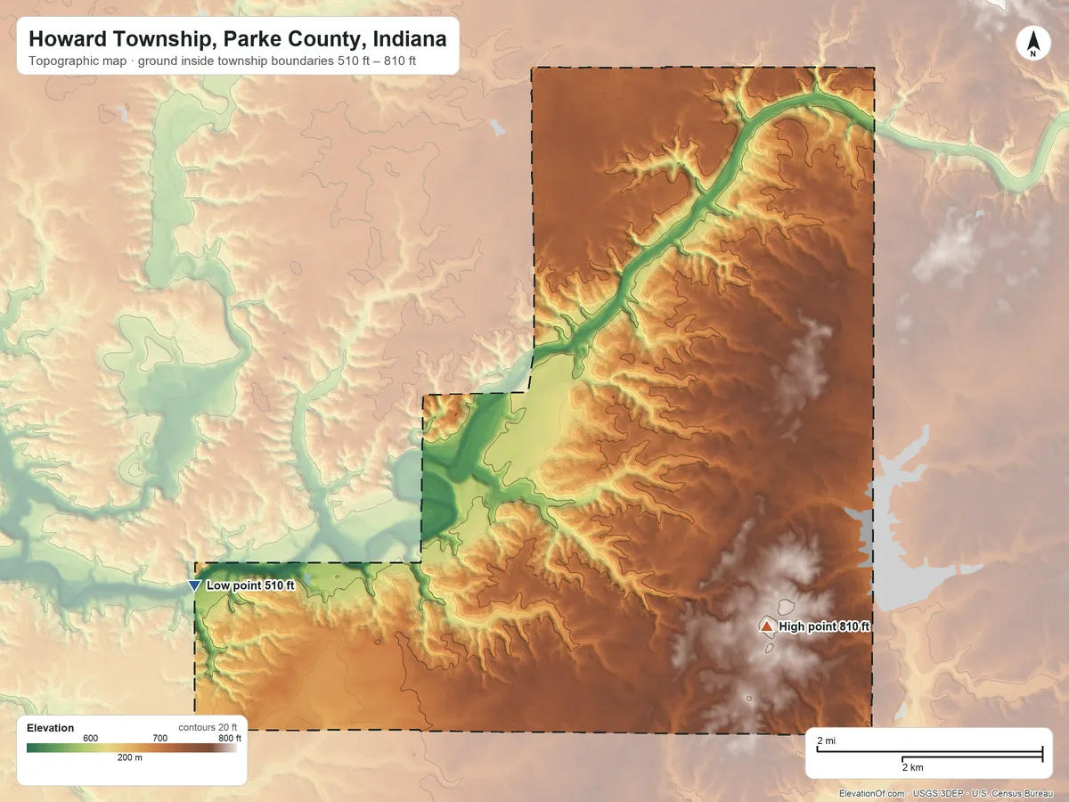 Topographic elevation map of Howard Township, Parke County, Indiana, shaded from 510 ft on the west side to 810 ft on the southeast side