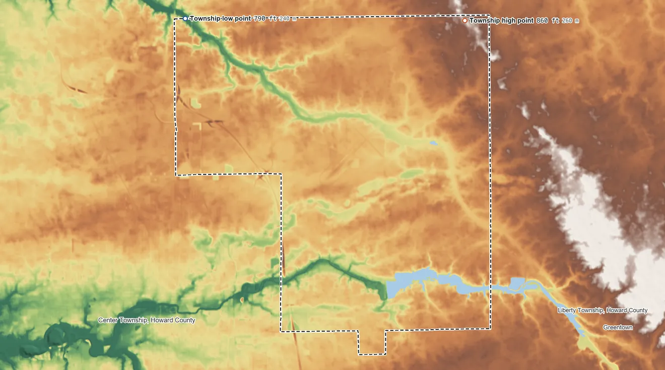 Topographic elevation map of Howard Township, Indiana, shaded from 790 ft on the northwest side to 860 ft on the northeast side