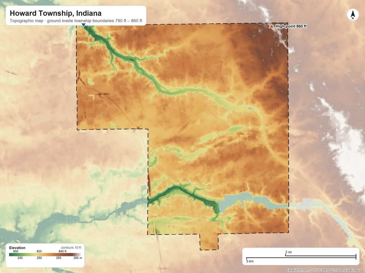 Topographic elevation map of Howard Township, Indiana, shaded from 790 ft on the northwest side to 860 ft on the northeast side