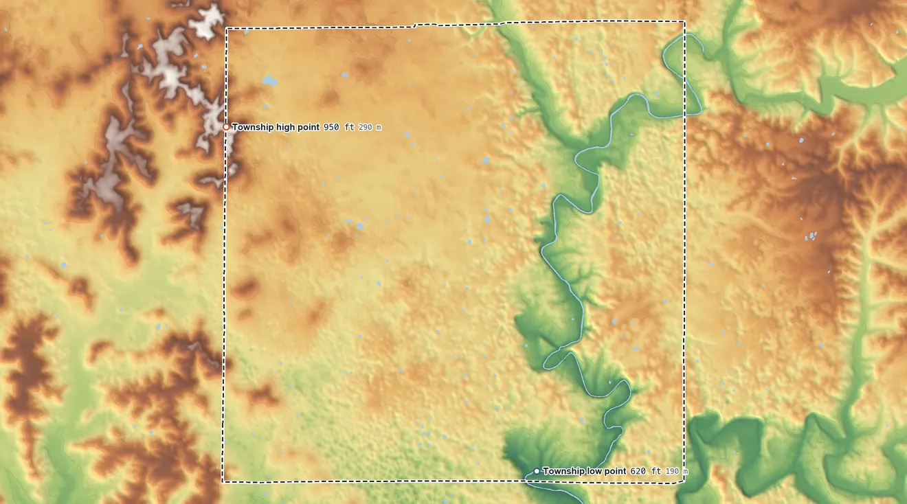 Topographic elevation map of Howard Township, Washington County, Indiana, shaded from 620 ft on the southeast side to 950 ft on the northwest side