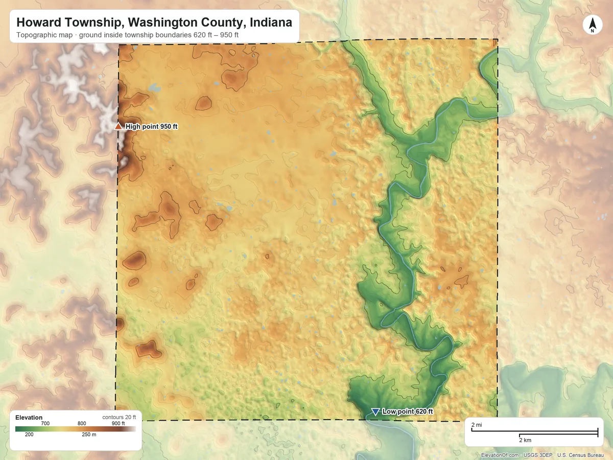 Topographic elevation map of Howard Township, Washington County, Indiana, shaded from 620 ft on the southeast side to 950 ft on the northwest side