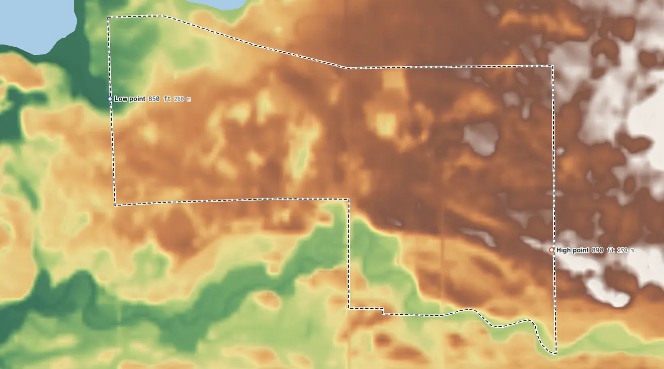 Topographic elevation map of Howe, Indiana, shaded from 850 ft on the west side to 890 ft on the east side