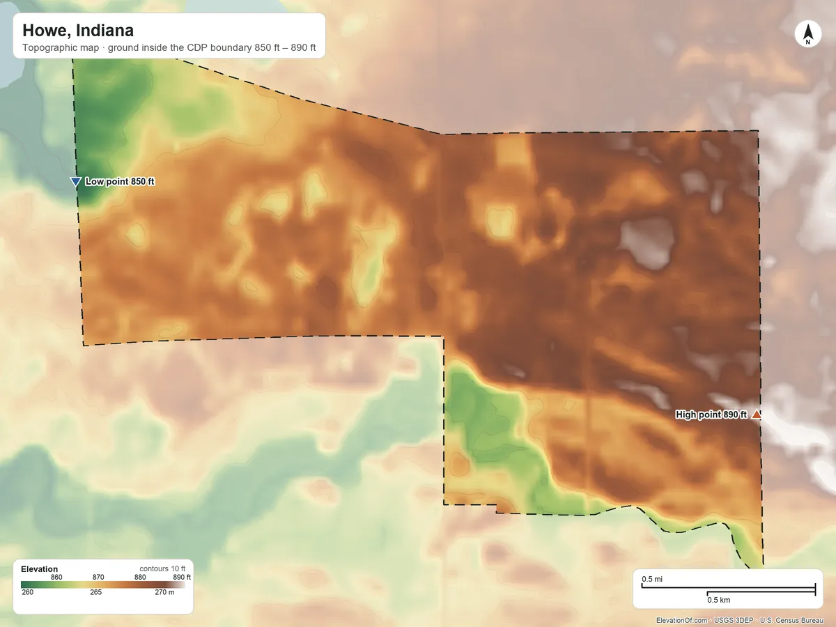 Topographic elevation map of Howe, Indiana, shaded from 850 ft on the west side to 890 ft on the east side