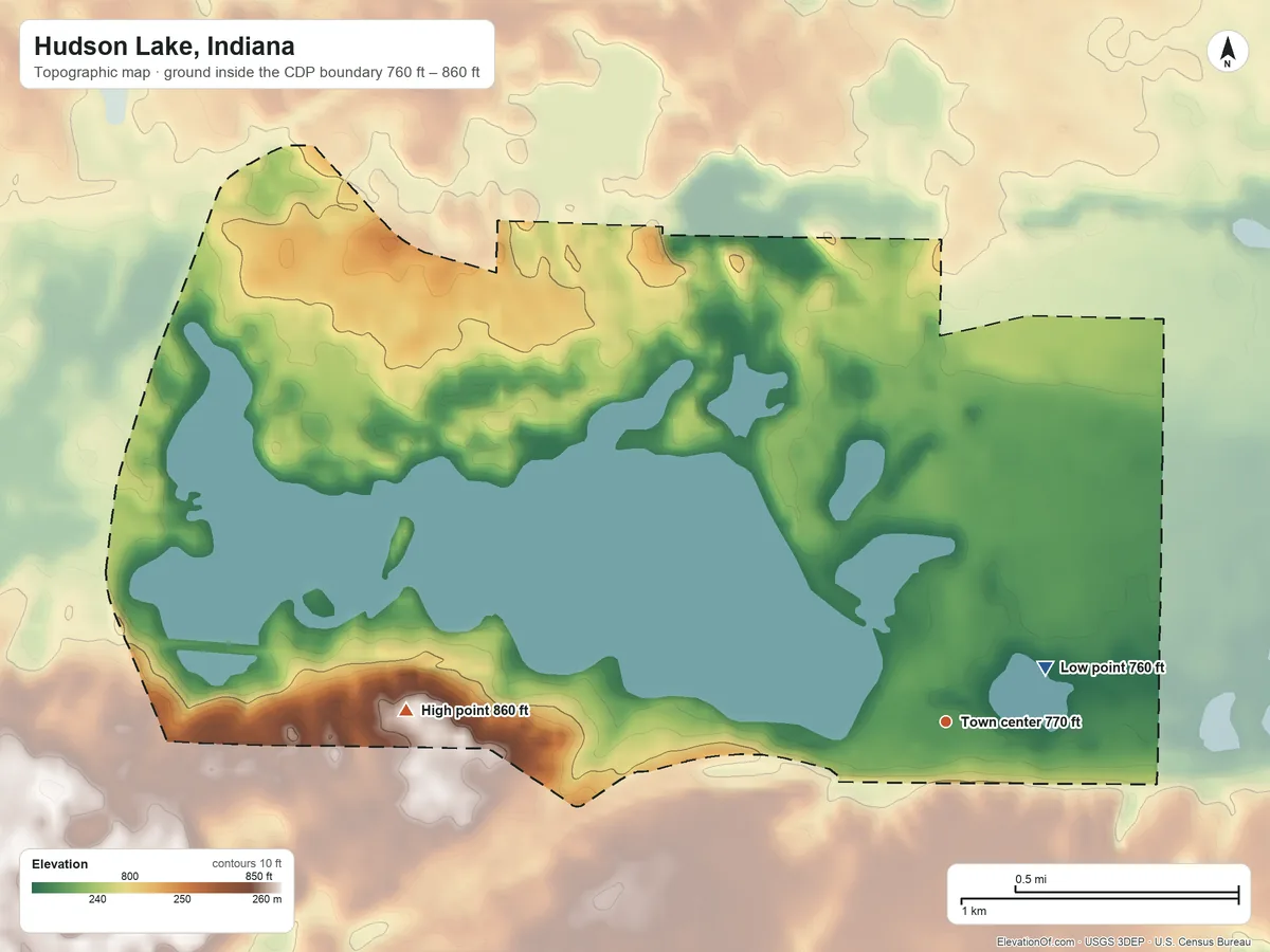 Topographic elevation map of Hudson Lake, Indiana, shaded from 760 ft near the middle to 860 ft on the west side