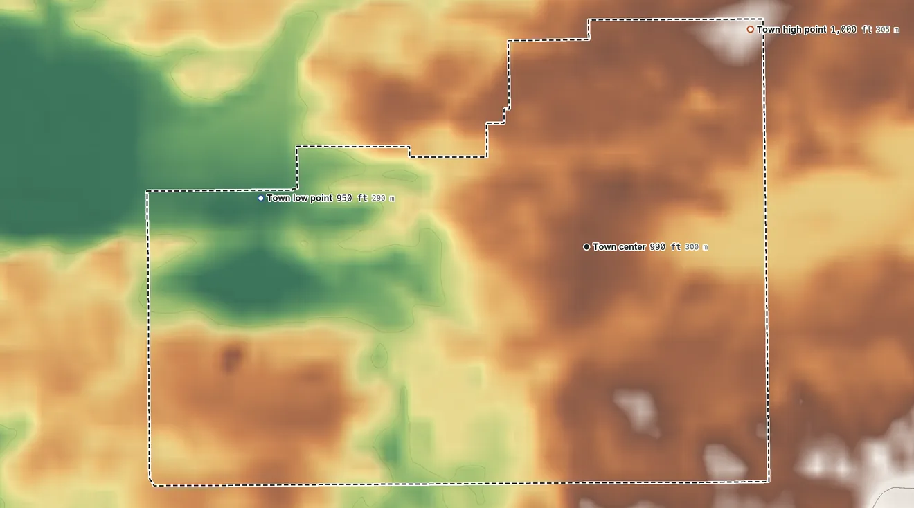 Topographic elevation map of Hudson, Indiana, shaded from 950 ft on the west side to 1,000 ft on the northeast side