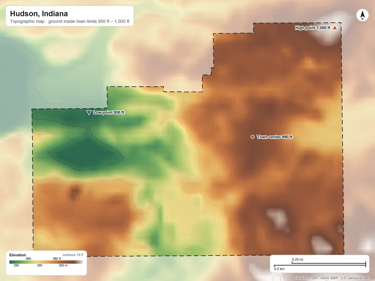 Topographic elevation map of Hudson, Indiana, shaded from 950 ft on the west side to 1,000 ft on the northeast side