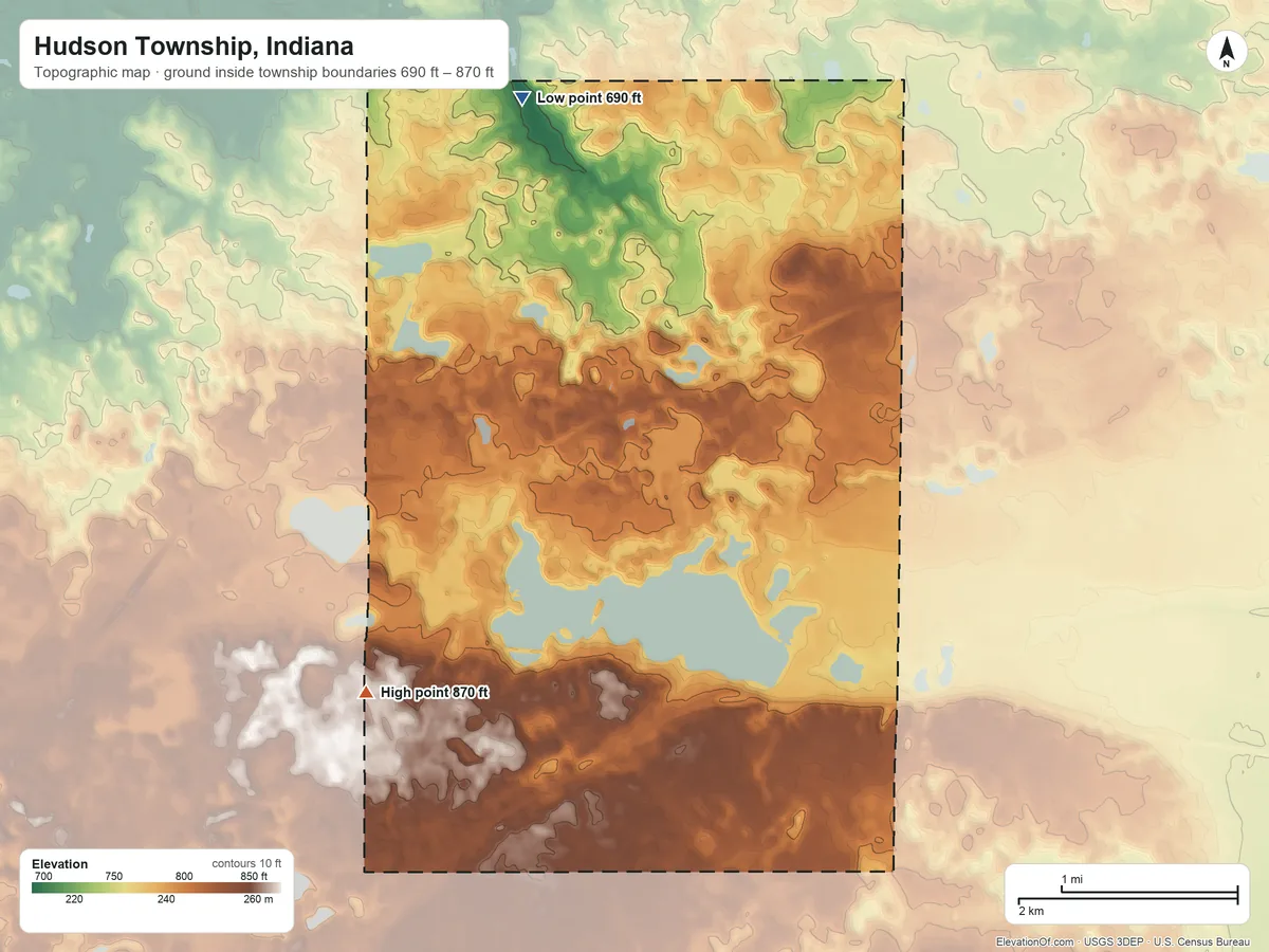 Topographic elevation map of Hudson Township, Indiana, shaded from 690 ft on the northwest side to 870 ft on the west side